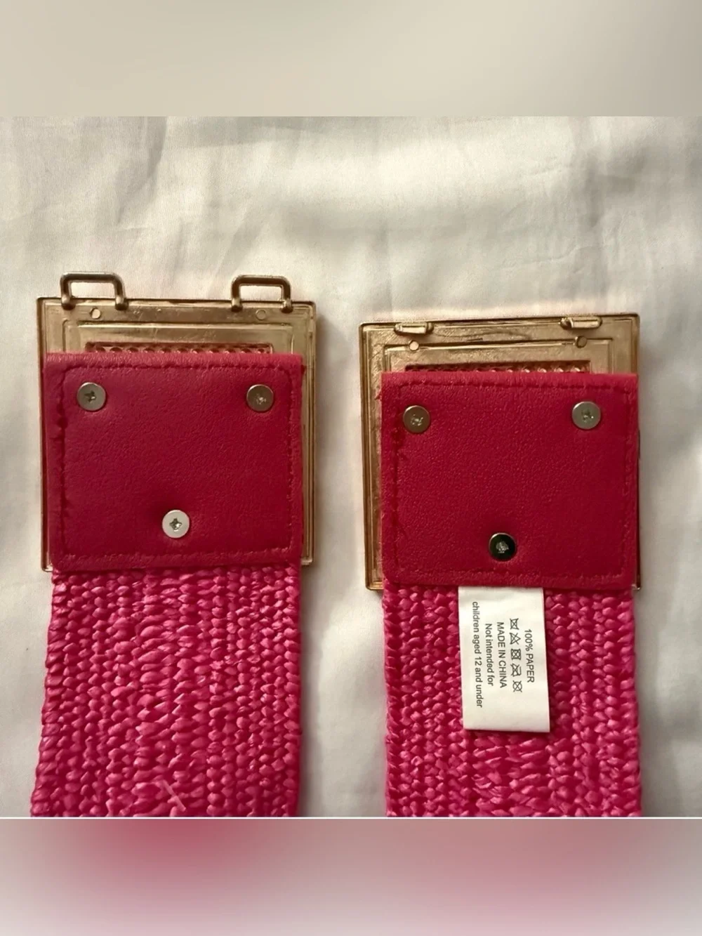 Fuchsia paper waistband stretchy belt with square buckle and rhinestone details